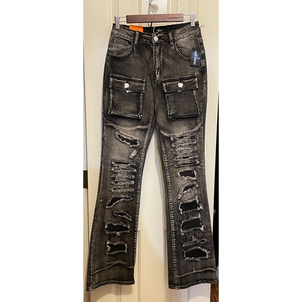 American Bazi Patchwork Stacked Jeans Black Wash Distressed Flared RJH-10604 M